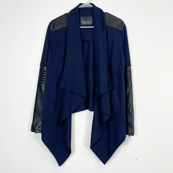 BlankNYC Coat Womens Small Navy Blue Black Faux Leather Wool Jacket Draped Front - Picture 1 of 8